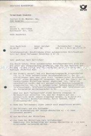 Schreiben der Deutschen Bundespost zur Genehmigung des Anschlusses eines automatischen Anrufbeantworters