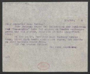 Brief an Bernhard Sekles : 10.10.1918