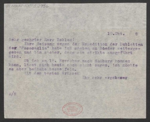 Brief an Bernhard Sekles : 10.10.1918