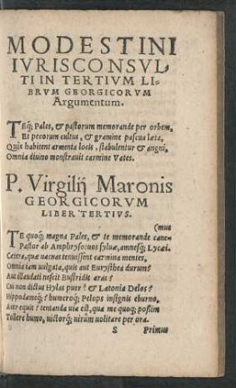 Modestini ... In Tertium Georgicorum Argumentum.