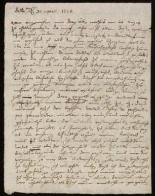 Briefentwurf von Johann Friedrich von Uffenbach an Christian von Wolff. Ohne Ort, 30.4.1724