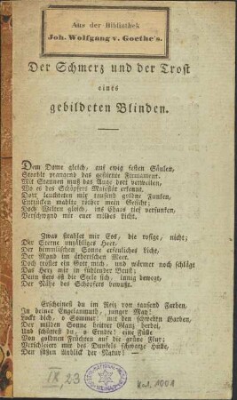 Der Schmerz und der Trost eines gebildeten Blinden.