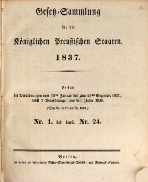 Gesetzsammlung für die Königlich-Preußischen Staaten : enthält die Verordnungen vom ... 1837