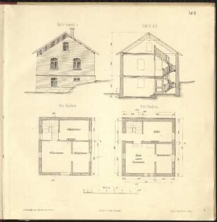 Tafel IX: Beispiel eines Arbeiterwohnhauses, Ansicht, Schnitt, Grundriss