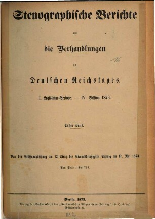 Verhandlungen des Reichstages. Stenographische Berichte. 27. 1873