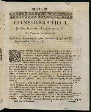 1-8, CONSIDERATIO I. De Fine hominis, ad quem creatus est.