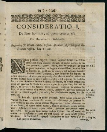 1-8, CONSIDERATIO I. De Fine hominis, ad quem creatus est.