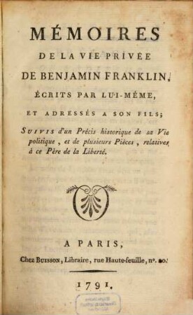 Mémoires de la vie privée de Benjamin Franklin