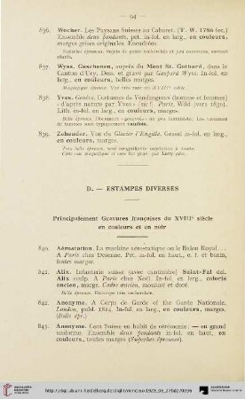 D. - Estampes diverses: Principalement Gravures français du XVIIIe siècle en couleurs et en noir (Nr. 840-981)