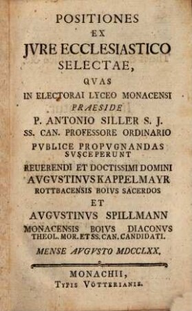 Positiones Ex Jvre Ecclesiastico Selectae