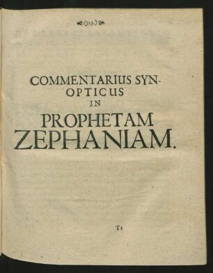 Commentarius Synopticus In Prophetam Zephanian.