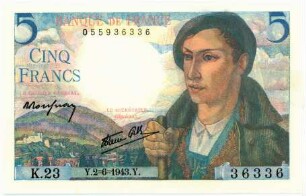Geldschein, 5 Francs (FRF), 2.6.1943