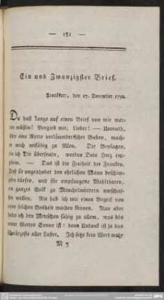 Ein und zwanzigster Brief. Frankfurt, den 17. December 1792