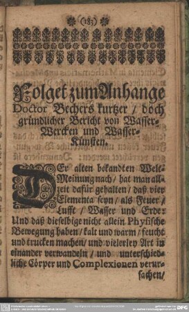 Folget zum Anhange Doctor Bechers kurtzer, doch gründlicher Bericht von Wasser-Wercken und Wasser-Künsten