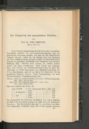 Der Düngewert der menschlichen Fäkalien.