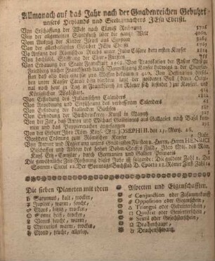 Allmanach auf das Jahr nach der Gnadenreichen Gebuhrt unsers Heylands und Seeligmachers Jesu Christi.
