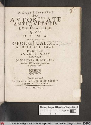 Disputatio Theologica De Autoritate Antiquitatis Ecclesiasticae