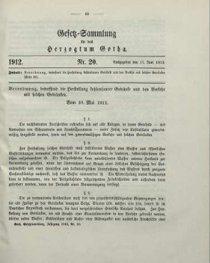 20. Verordnung, betreffend die Herstellung kohlensaurer Getränke und den Verkehr mit solchen Getränken. Vom 30. Mai 1912