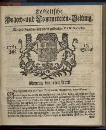 13. Stueck, Montag den 1ten April 1765