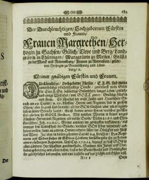 Der Durchleuchtigen/ Hochgebornen Fürstin und Frauen/ Frauen Margrethen/ Hertzogin zu Sachsen [...]
