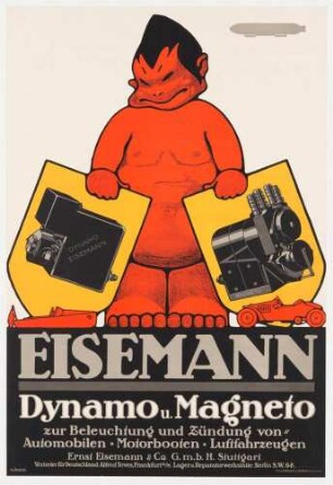 Plakat: Eisemann - Dynamo und Magneto zur Beleuchtung und Zündung von Automobilen, Motorbooten, Luftfahrzeugen