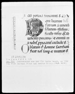 Laacher Sakramentar — Initiale D (eus qui beatum), Folio 113 verso