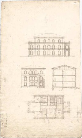 Voit, August von; Fassade - Grundriss, Ansichten, Schnitt