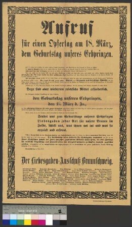 Aufruf zu einem Opfertag am 18. März 1916 in Braunschweig zur Beschaffung von Geldspenden für die braunschweigischen Soldaten und deren Familien im Ersten Weltkrieg