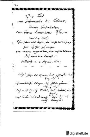 96: Brief von Unbekannt an Johann Wilhelm Ludwig Gleim