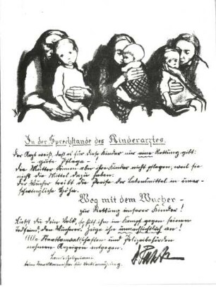 Plakat "In der Sprechstunde des Kinderarztes" (Flugblatt gegen den Wucher). Ausstellung "Frühe deutsche Plakate", 1981 : Kollwitz, Käthe: Plakat "In der Sprechstunde des Kinderarztes" (Flugblatt gegen den Wucher). Litho; 39,5 x 30 cm. Ausstellung "Frühe deutsche Plakate", 1981. Altenburg: Lindenau-Museum