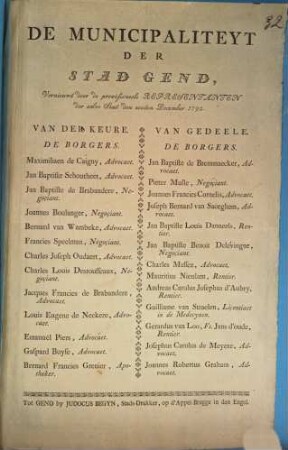 De Municipaliteyt Der Stad Gend, Vernieuwd door de provisioneele Representanten der Zelve Stad den zesden December 1792