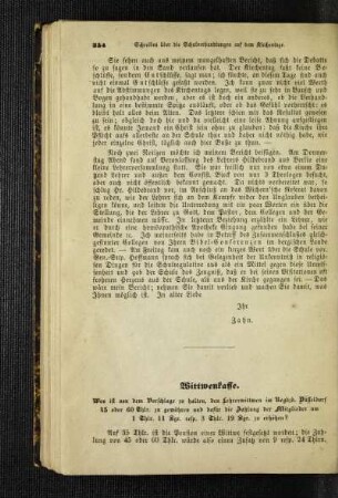 Wittwenkasse : Was ist von dem Vorschlage zu halten, den Lehrerwittwen im Regbzk. Düsseldorf 45 oder 60 Thlr. zu gewähren und dafür die Zahlung der Mitglieder um 1 Thl. 11 Sgr. resp. 3 Thl. 19 Sgr. zu erhöhen?