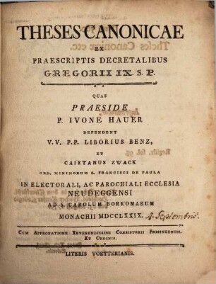 Theses canonicae ex praescriptis decretalibus Gregorii IX. S. P.