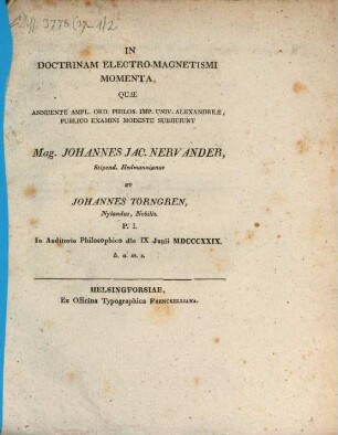 In Doctrinam Electro-Magnetismi Momenta