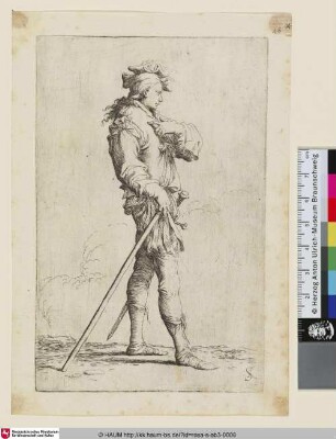 [A standing warrior holding a staff and pointing to his chest; Ein stehender Krieger, der einen Stab hält und auf seine Brust zeigt]