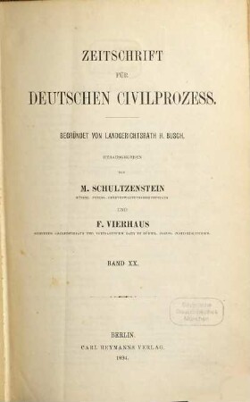 Zeitschrift für deutschen Zivilprozess, 20. 1894