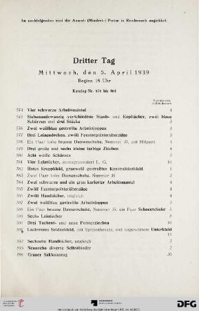 Dritter Tag: Mittwoch, den 5. April 1939 Beginn 15 Uhr (Nr. 574-864)