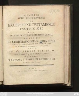 Qvaestio Ivris Controversi De Exceptione Testamenti Inofficiosi