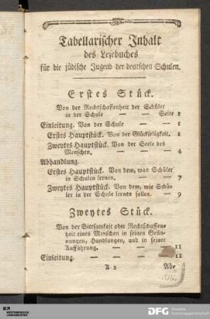 Tabellarischer Inhalt des Lesebuches