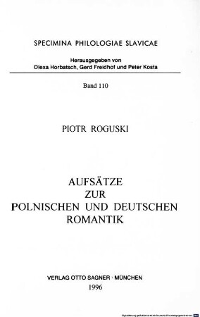 Aufsätze zur polnischen und deutschen Romantik