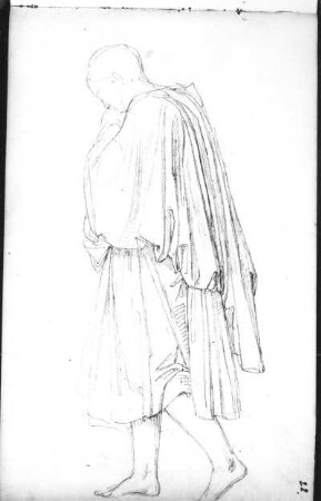 Nach links schreitende männliche Gewandfigur, zum Kinn erhobener Linken : Rietschel, Ernst. Nach links schreitende Gewandfigur, zum Kinn erhobener Linken. Skizzenbuch D, fol. 22. Bleistift; 11,7 x 18,7 cm (Blattgröße). Um 1827/1831/1843. Privatbesitz. WVZ S. 306