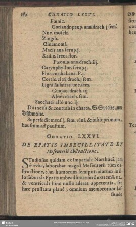 Curatio LXXVI. [Curatio LXXIX.] De Epatis Imbecillitate Et Mesenterii obstructione