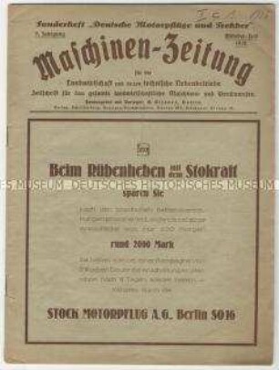 Maschinenzeitung für die Landwirtschaft und deren technische Nebenbetriebe, Sonderheft über deutsche Motorpflüge und Traktoren