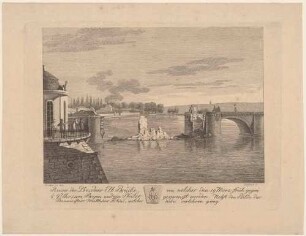 Die durch Napoleonische Truppen am 19. März 1813 gesprengte Augustusbrücke in Dresden, mit Brückenmännchen