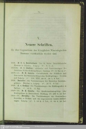 V. Neuere Schriften, die über Gegenstände des Königlichen Mineralogischen Museums veröffentlicht worden sind