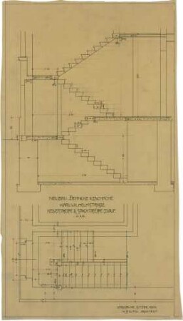 Billing, Hermann; Karlsruhe, Karl-Wilhelm-Straße; Haus Behncke und Zschache, Neubau - Kellertreppe; Treppe zum 1. OG (Grundriss; Schnitt)
