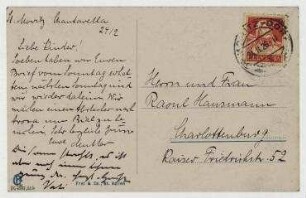 Ansichtspostkarte von Anna Mankiewitz an [an Raoul Hausmann und Hedwig Hausmann]. St Moritz