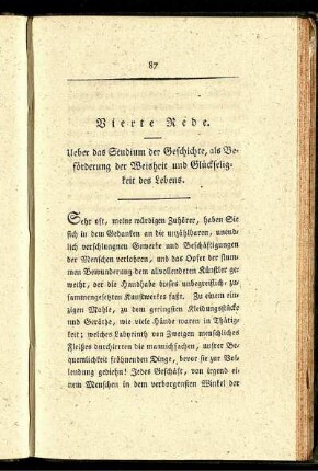 Vierte Rede. Ueber das Studium der Geschichte als Beförderung der Weisheit und Glückseligkeit des Lebens.