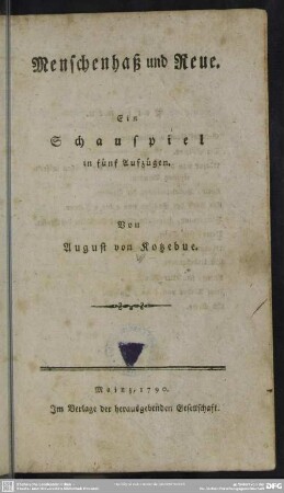Menschenhaß und Reue : Ein Schauspiel in fünf Aufzügen
