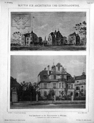 Tafel 113: Drei Landhäuser an der Theresienwiese in München. 1. Gesammtbild und Ansicht des Mittelhauses I.